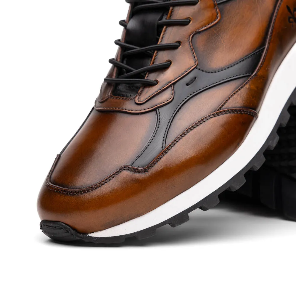 Sure, I understand that you want to optimize the title of the e-commerce product. How about this for the revised title: Hand-Finished Cognac and Black BRAVO Trainer - 65-355-BRN