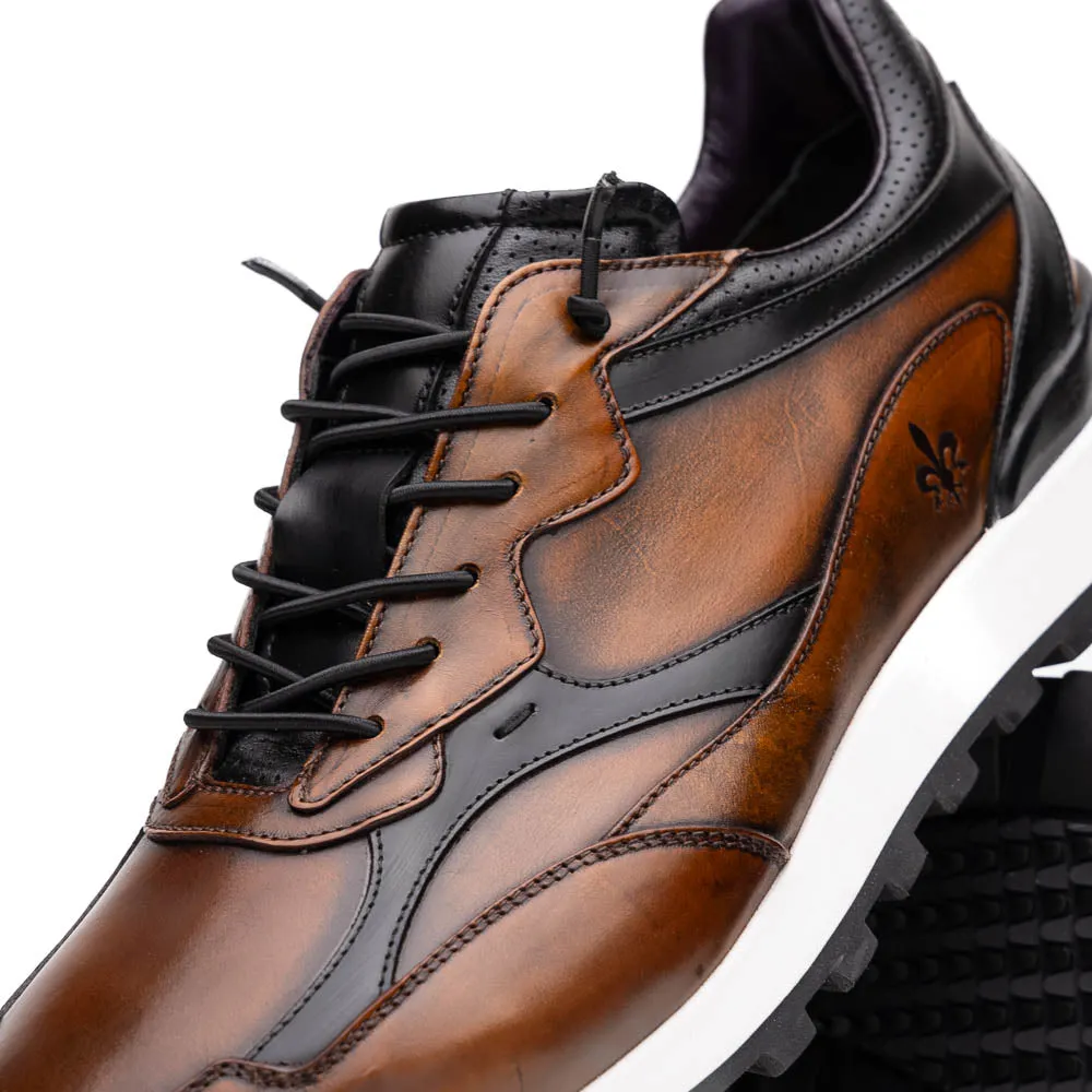Sure, I understand that you want to optimize the title of the e-commerce product. How about this for the revised title: Hand-Finished Cognac and Black BRAVO Trainer - 65-355-BRN