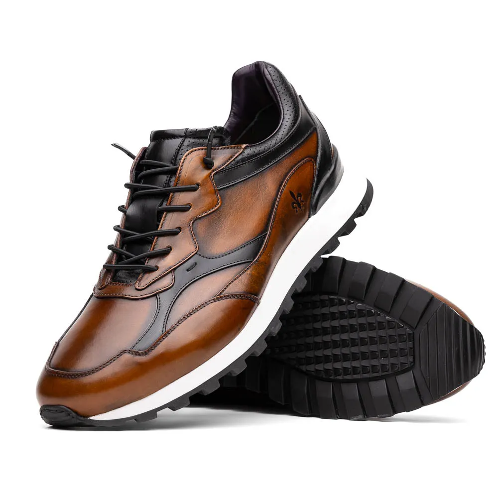 Sure, I understand that you want to optimize the title of the e-commerce product. How about this for the revised title: Hand-Finished Cognac and Black BRAVO Trainer - 65-355-BRN