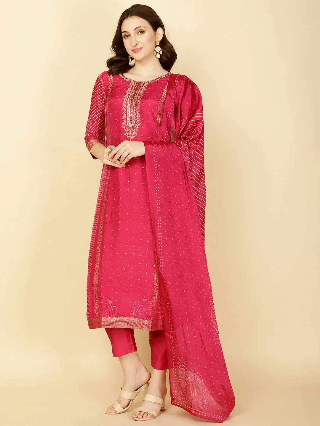Abstract Printed Handloom Kurta With Pants & Dupatta