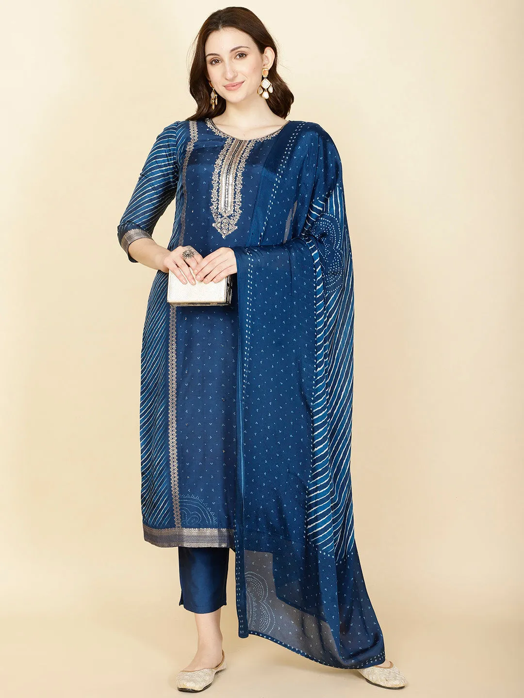 Abstract Printed Handloom Kurta With Pants & Dupatta
