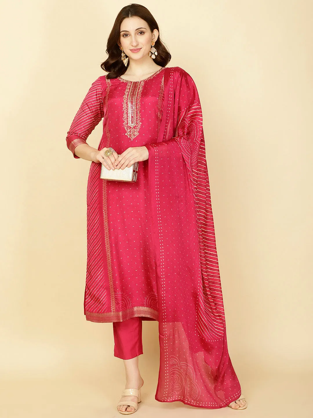 Abstract Printed Handloom Kurta With Pants & Dupatta