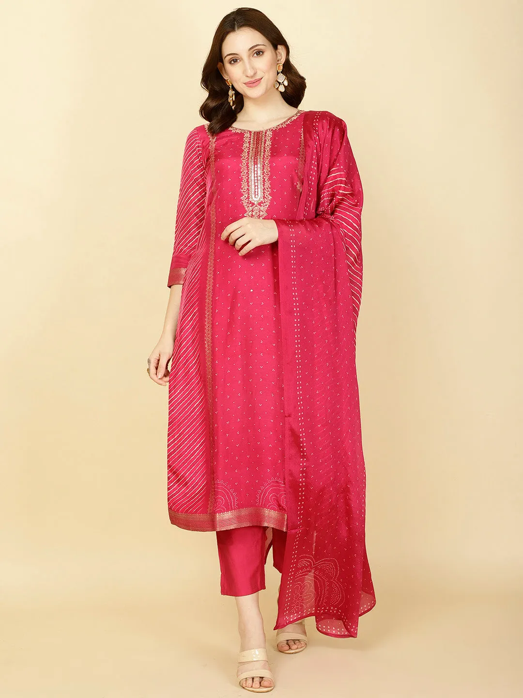 Abstract Printed Handloom Kurta With Pants & Dupatta