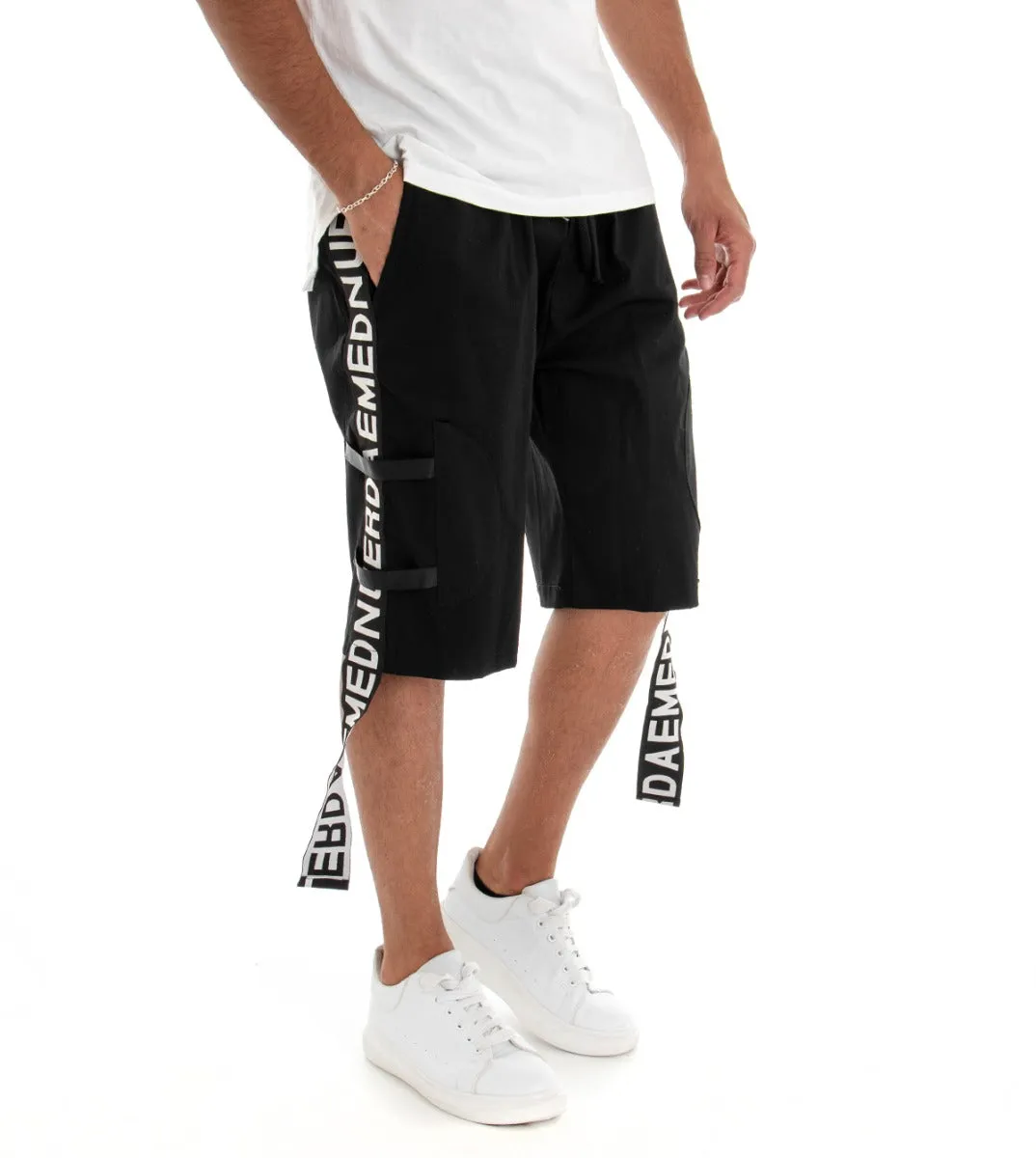 Bermuda Pantaloncino Uomo Shorts Tuta Nero Fasce Laterali GIOSAL-PC1553A