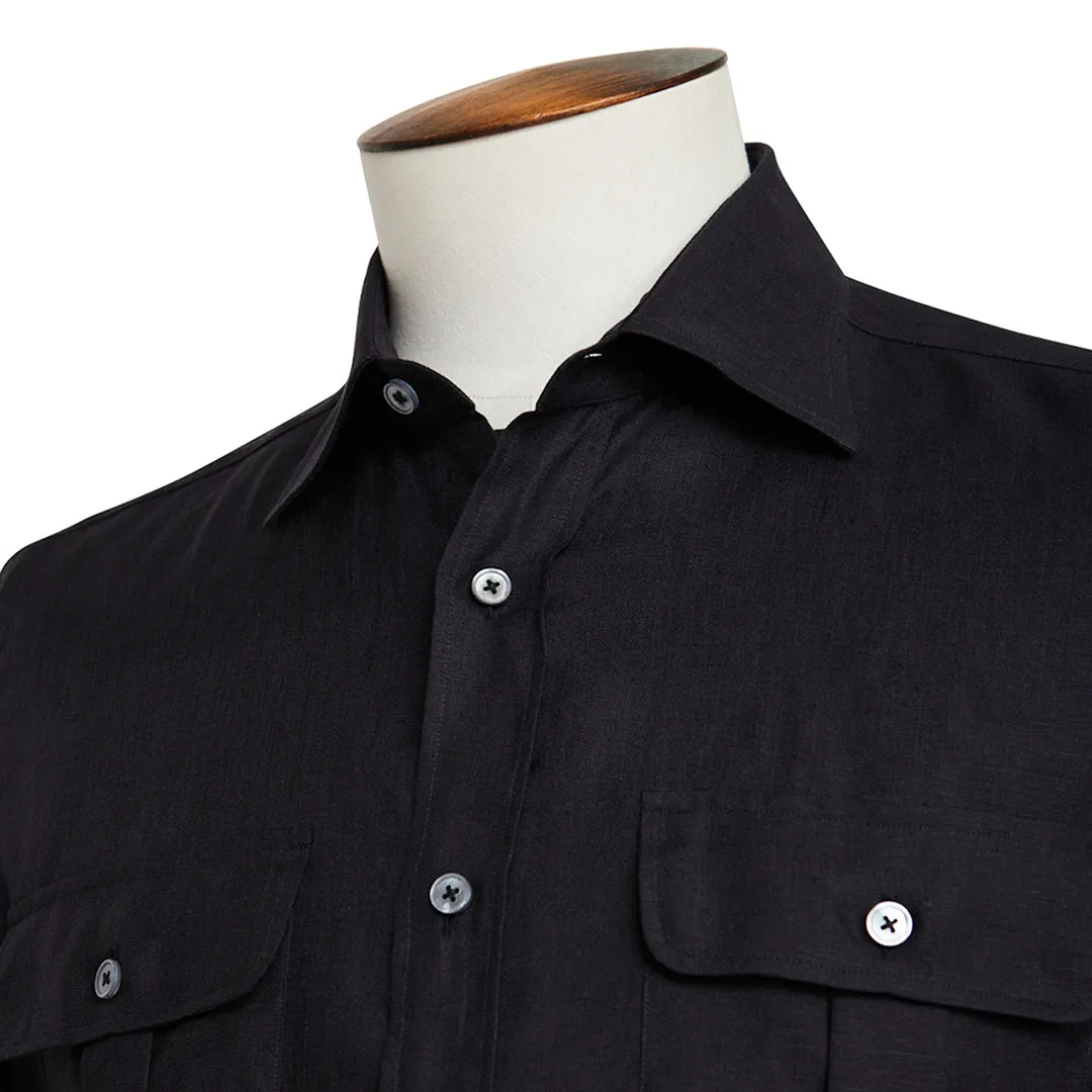 Black Linen Twill Double Pocket Overshirt