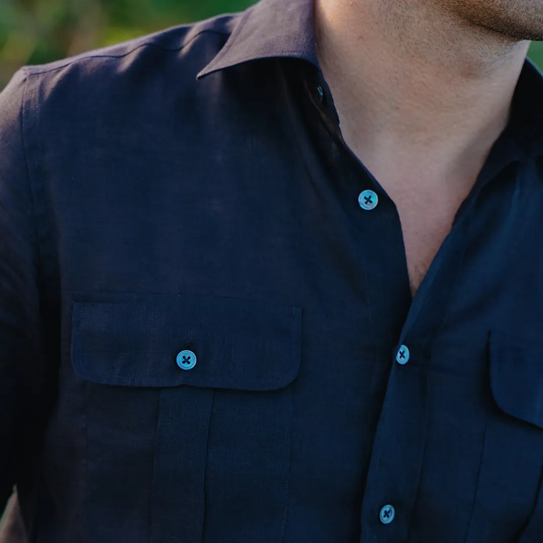 Black Linen Twill Double Pocket Overshirt