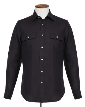 Black Linen Twill Double Pocket Overshirt