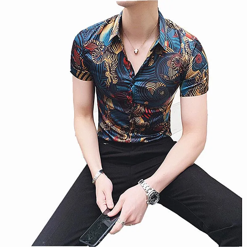 Blue Flower Summer Short Sleeve Slim Fit Print Men's Shirt