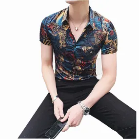 Blue Flower Summer Short Sleeve Slim Fit Print Men's Shirt