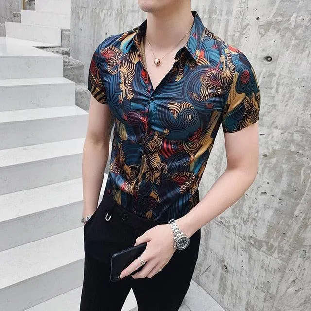 Blue Flower Summer Short Sleeve Slim Fit Print Men's Shirt