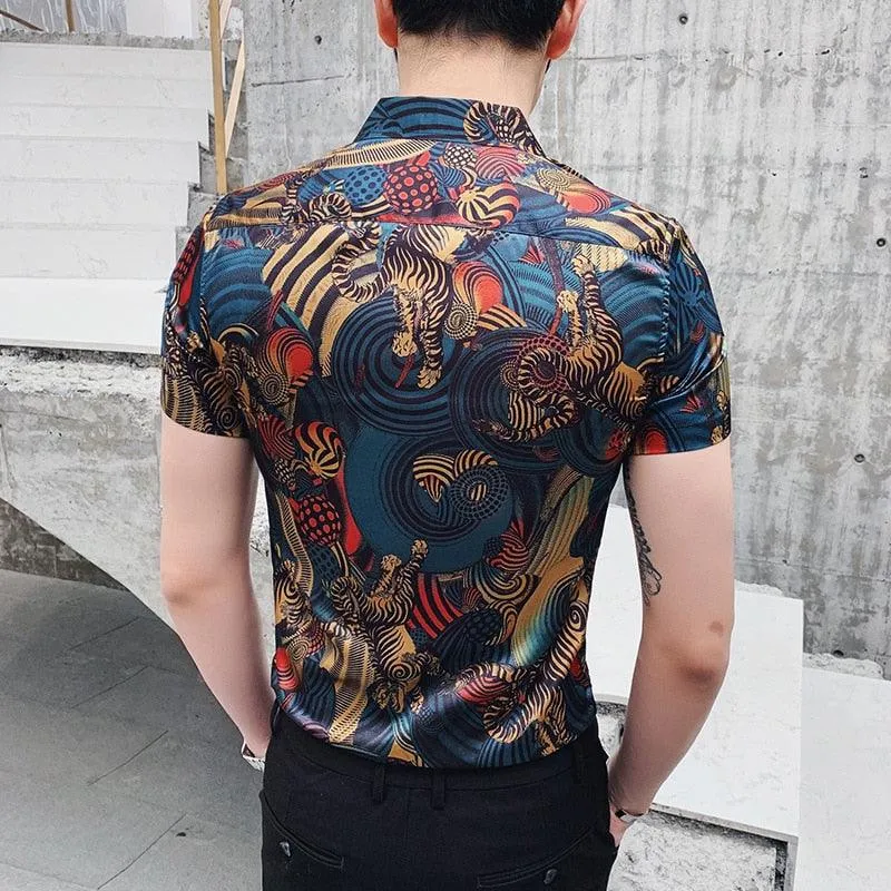 Blue Flower Summer Short Sleeve Slim Fit Print Men's Shirt