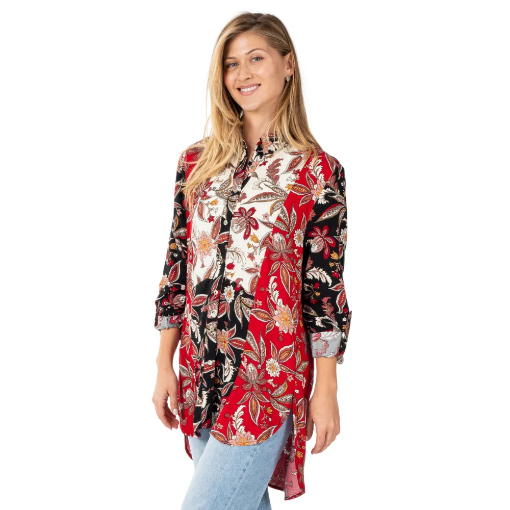 Colorblock Print Roll Tab Long Sleeve Button Up Top