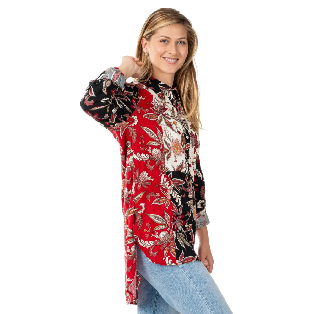 Colorblock Print Roll Tab Long Sleeve Button Up Top