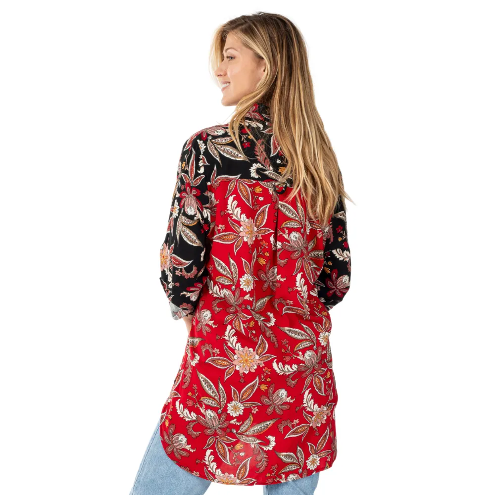 Colorblock Print Roll Tab Long Sleeve Button Up Top
