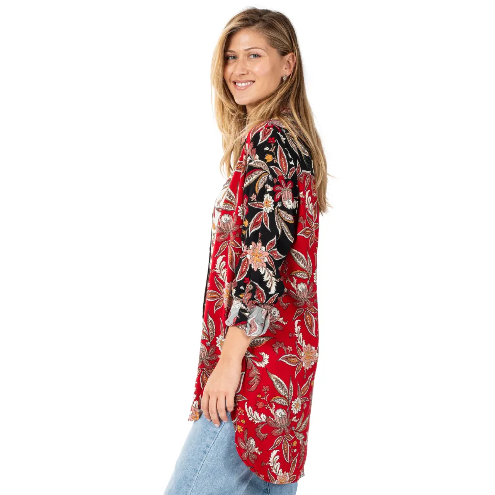 Colorblock Print Roll Tab Long Sleeve Button Up Top