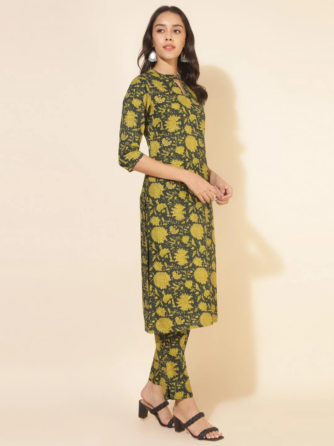 Dark Green Cotton Floral Straight Co-ord Set