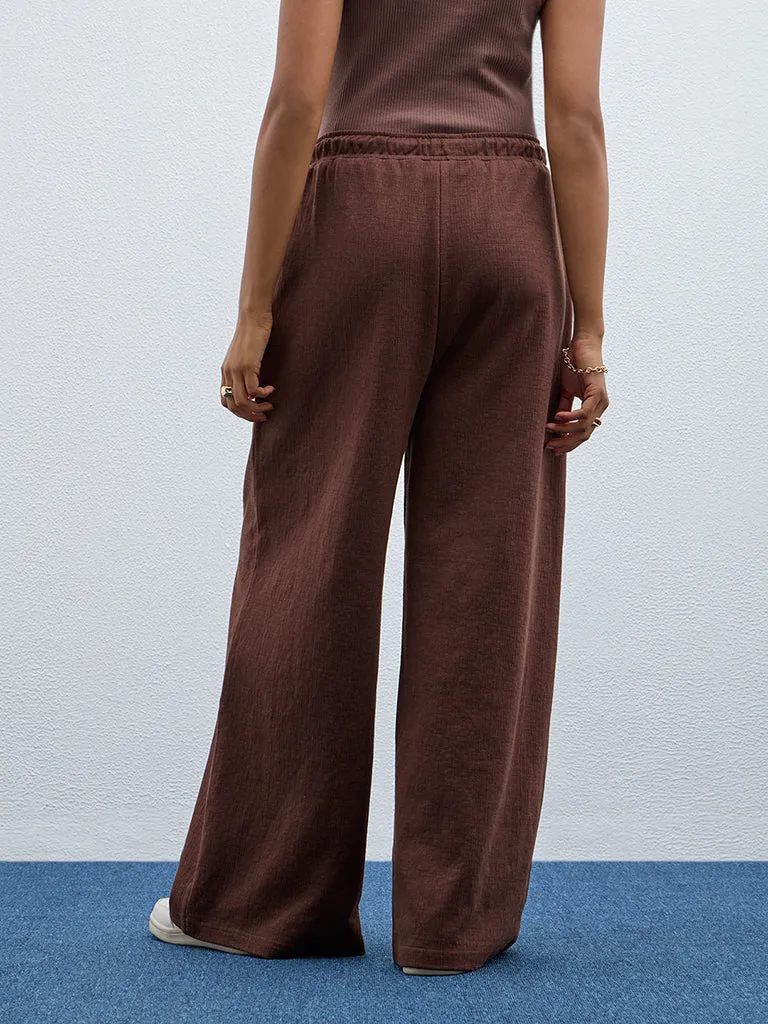LOV Dark Brown Self-Textured High-Rise Track Pants