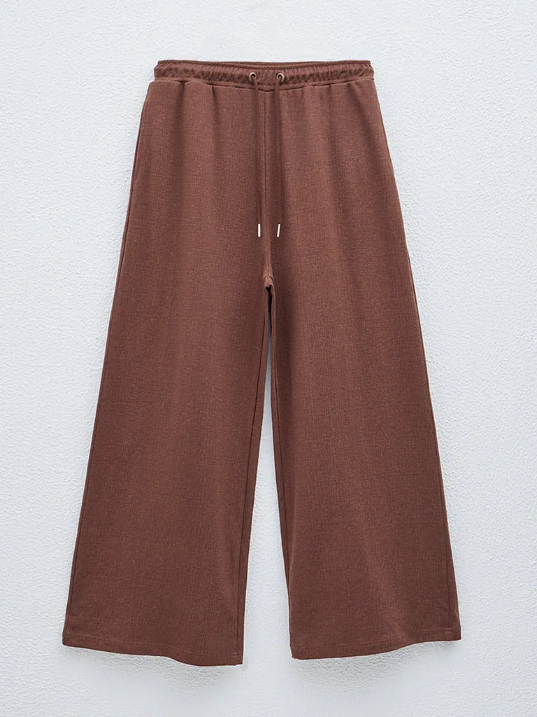LOV Dark Brown Self-Textured High-Rise Track Pants