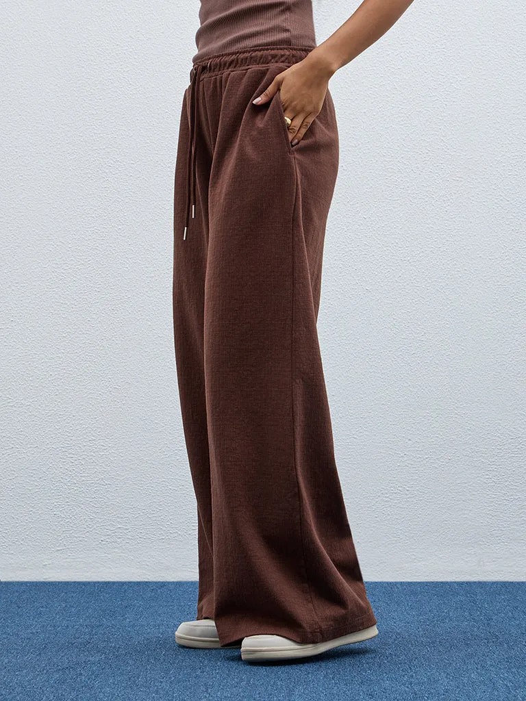 LOV Dark Brown Self-Textured High-Rise Track Pants