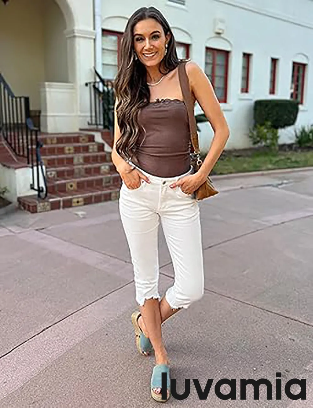luvamia Jean Capri Pants for Women High Waisted Ripped Skinny Jeans Stretchy Denim Capris Cropped Jeggings with Pockets