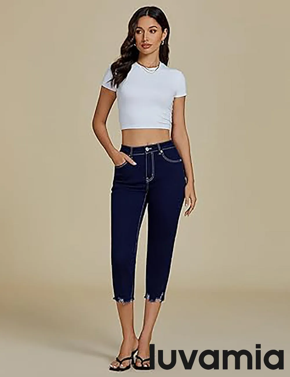 luvamia Jean Capri Pants for Women High Waisted Ripped Skinny Jeans Stretchy Denim Capris Cropped Jeggings with Pockets