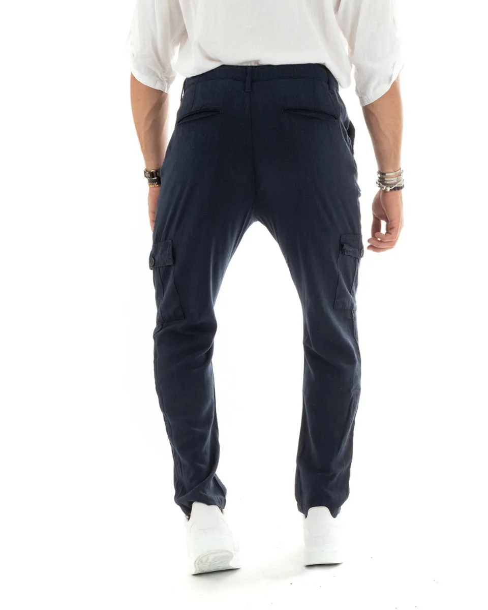 Pantaloni Uomo Lungo Cargo Tasconi Lino Pantalaccio Blu Basic GIOSAL-P5840A