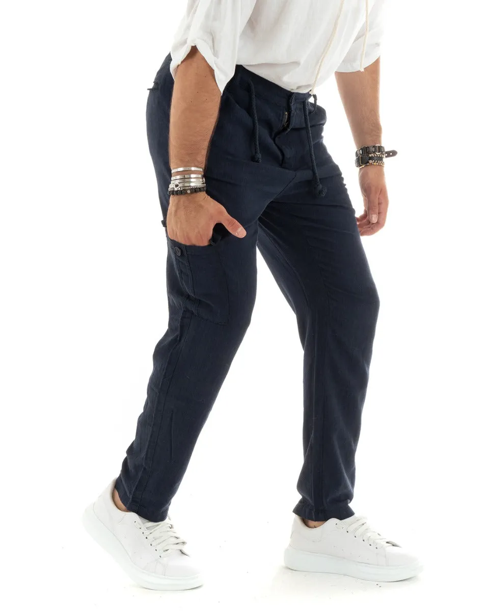 Pantaloni Uomo Lungo Cargo Tasconi Lino Pantalaccio Blu Basic GIOSAL-P5840A