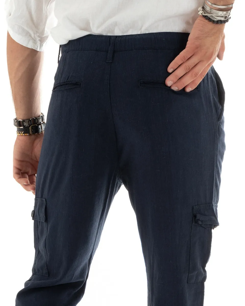 Pantaloni Uomo Lungo Cargo Tasconi Lino Pantalaccio Blu Basic GIOSAL-P5840A