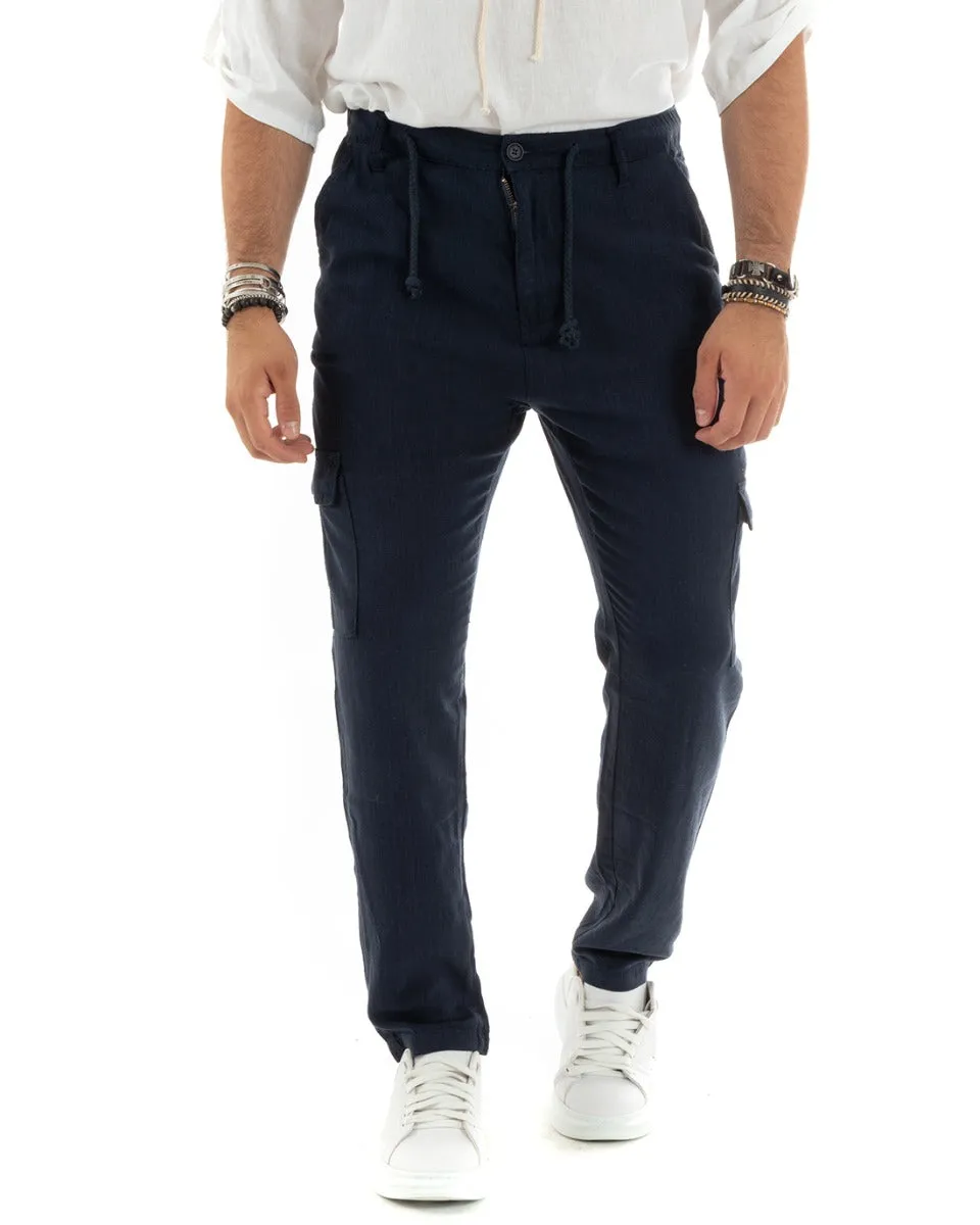 Pantaloni Uomo Lungo Cargo Tasconi Lino Pantalaccio Blu Basic GIOSAL-P5840A