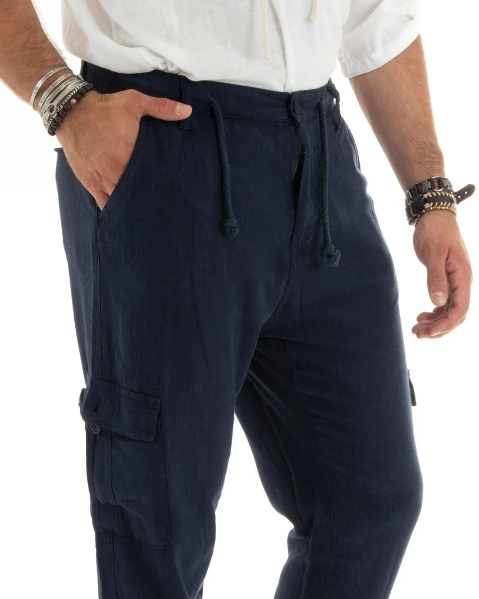Pantaloni Uomo Lungo Cargo Tasconi Lino Pantalaccio Blu Basic GIOSAL-P5840A