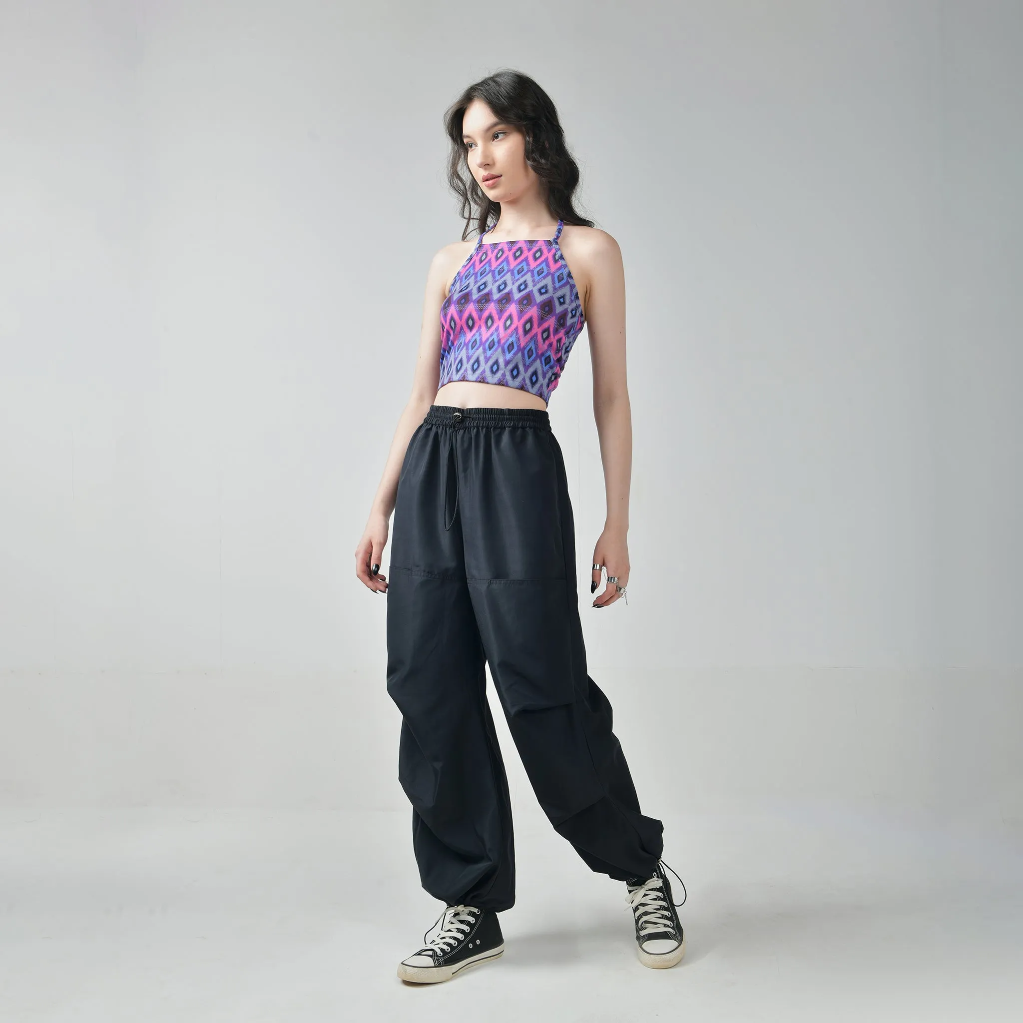 Pink  Halter Top & Black Air Parachute Pants Set