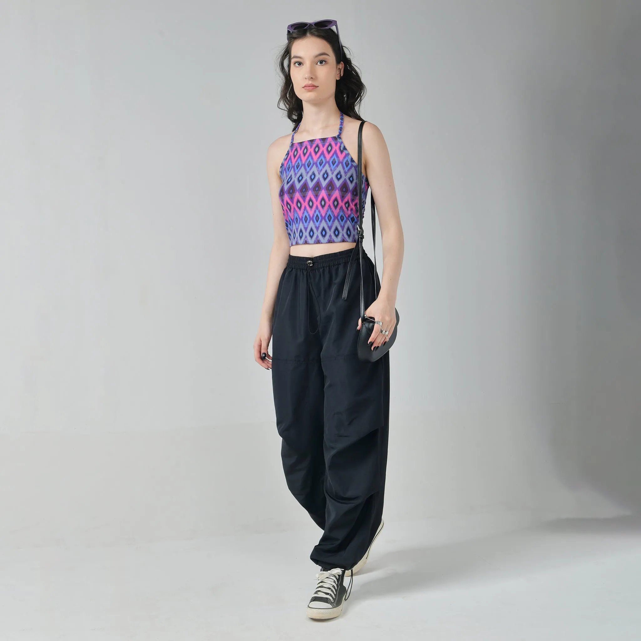 Pink  Halter Top & Black Air Parachute Pants Set