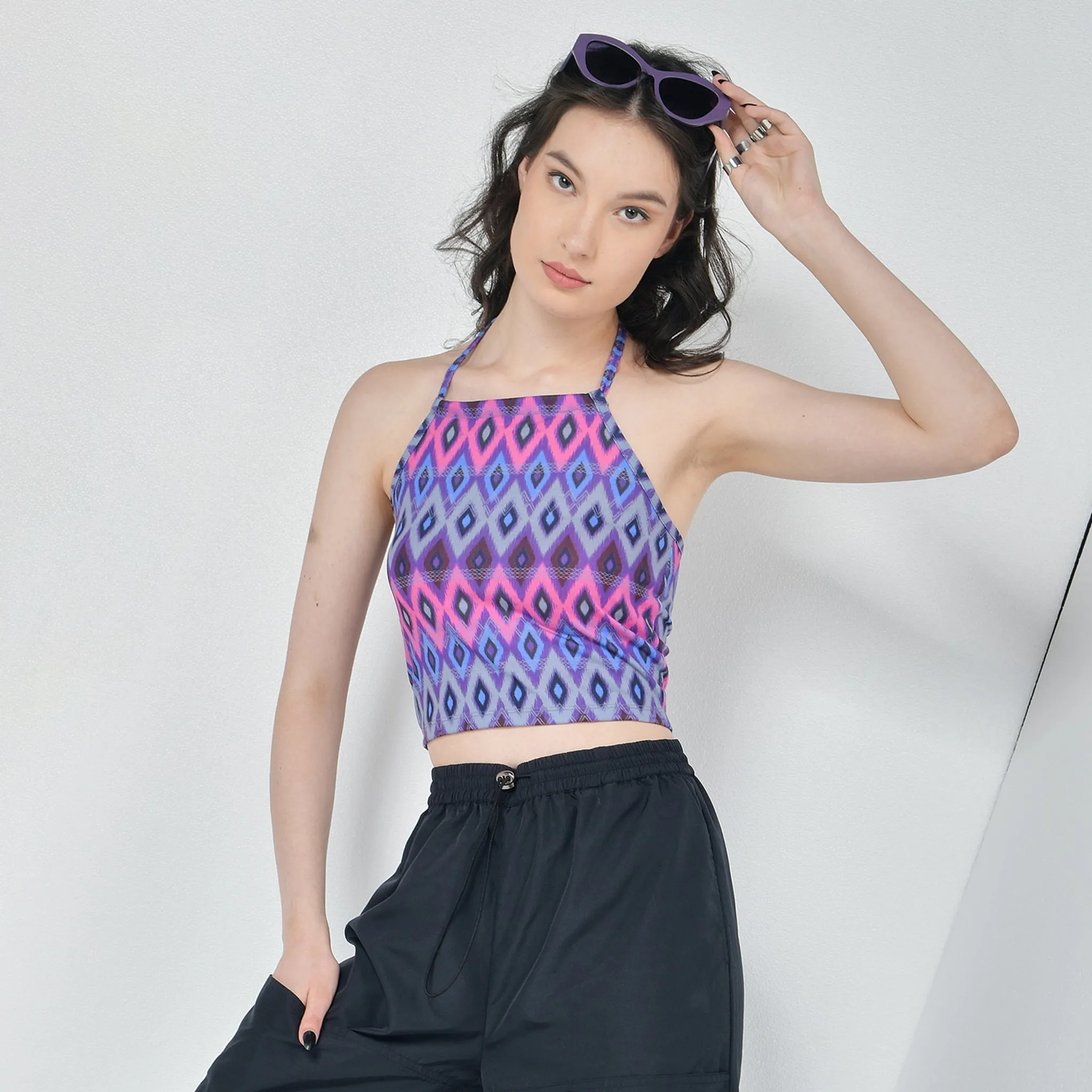 Pink  Halter Top & Black Air Parachute Pants Set