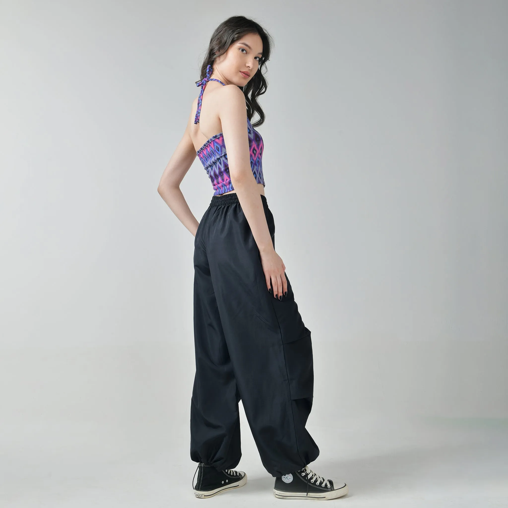 Pink  Halter Top & Black Air Parachute Pants Set