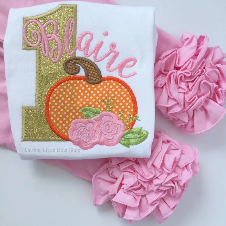 Pumpkin Birthday shirt or bodysuit for girls in pink and gold floral