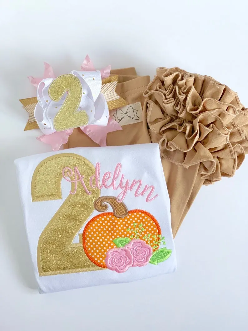Pumpkin Birthday shirt or bodysuit for girls in pink and gold floral