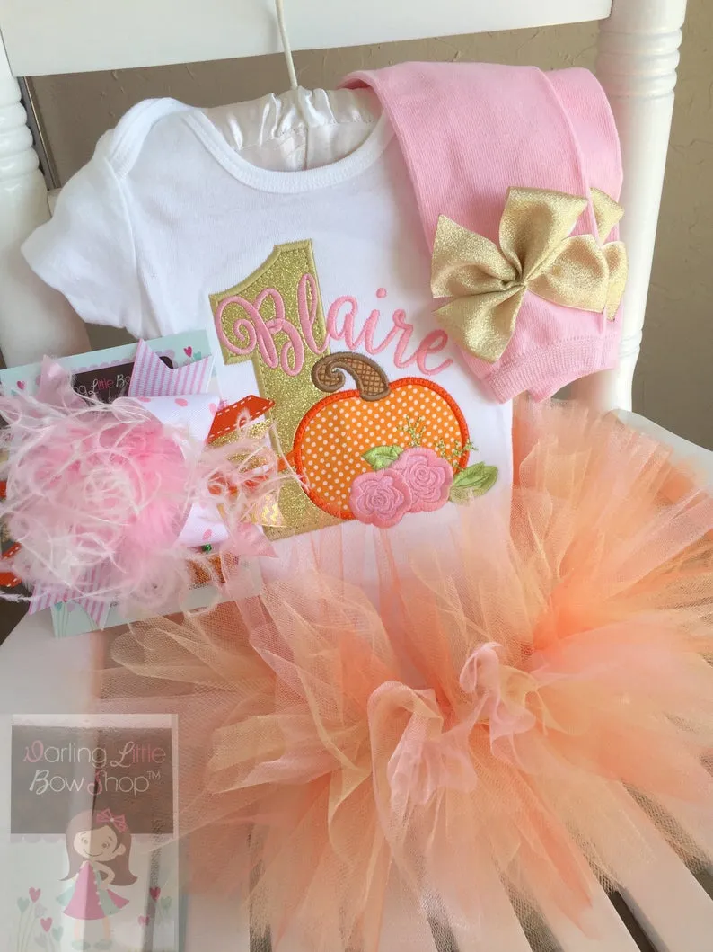 Pumpkin Birthday shirt or bodysuit for girls in pink and gold floral