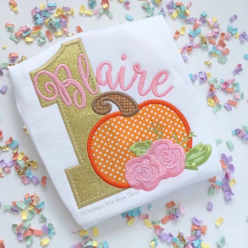 Pumpkin Birthday shirt or bodysuit for girls in pink and gold floral