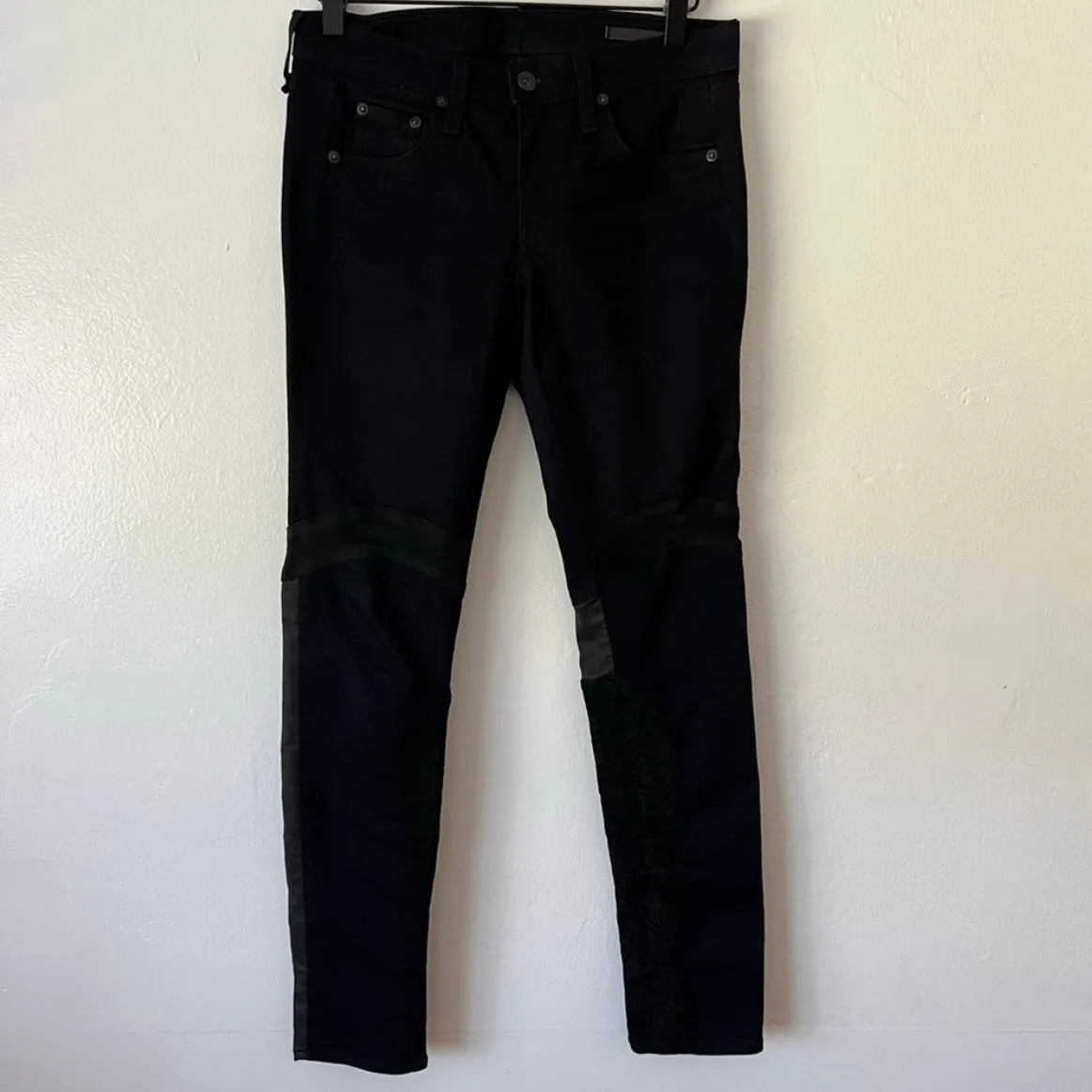 Rag & Bone Moto Style Leather Patch Dark Wash Skinny Jean