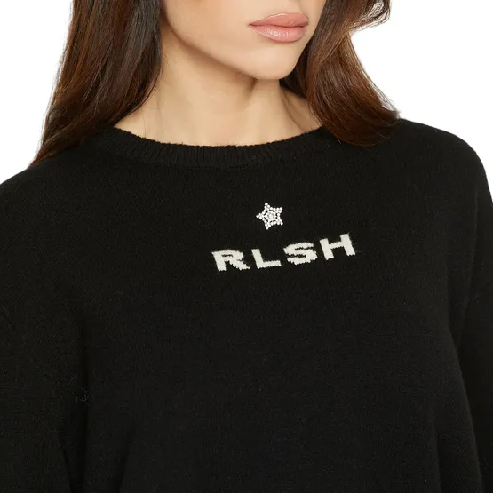 Relish short sweater with long sleeves with jacquard logo and star brooch with black Frida rhinestones
