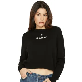 Relish short sweater with long sleeves with jacquard logo and star brooch with black Frida rhinestones