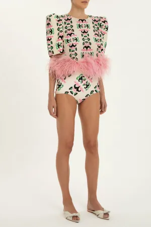 Twisted Flower Blouse & Hot Pants Set With Feathers
