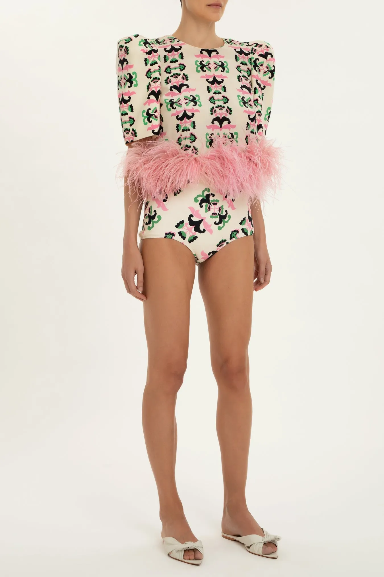 Twisted Flower Blouse & Hot Pants Set With Feathers