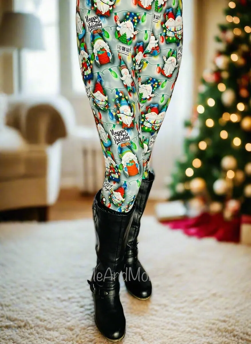 Womens Christmas Jolly Gnome Leggings, Holiday Leggings, Soft Yoga Pants, Sizes 0-20, Yoga Waist, Green/Red, Exclusive Leggings