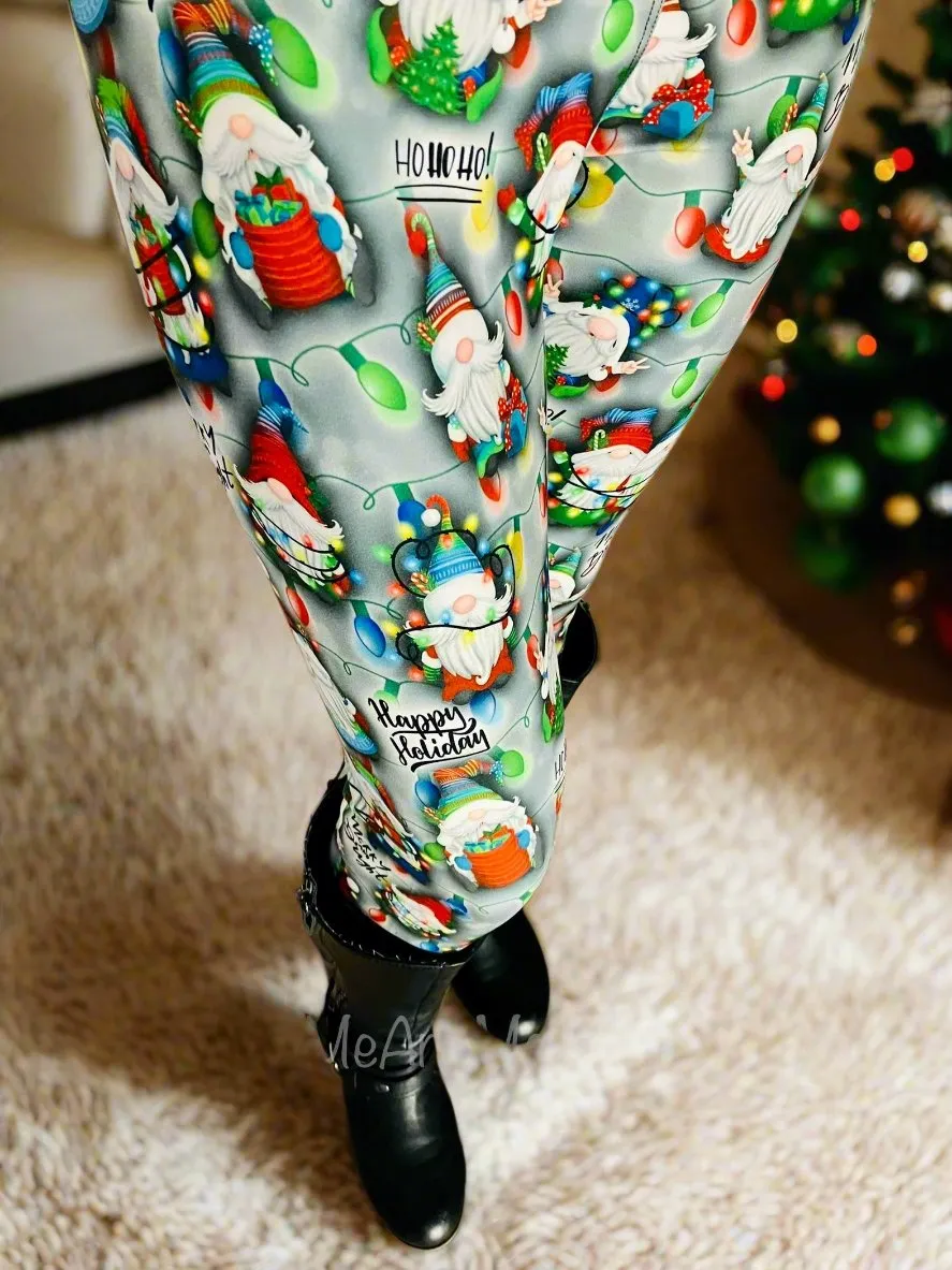 Womens Christmas Jolly Gnome Leggings, Holiday Leggings, Soft Yoga Pants, Sizes 0-20, Yoga Waist, Green/Red, Exclusive Leggings